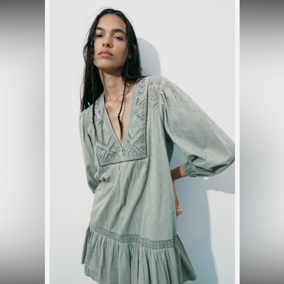 Zara Sage Green Embroidered Boho Babydoll Mini Dress Size Small - Picture 3 of 8